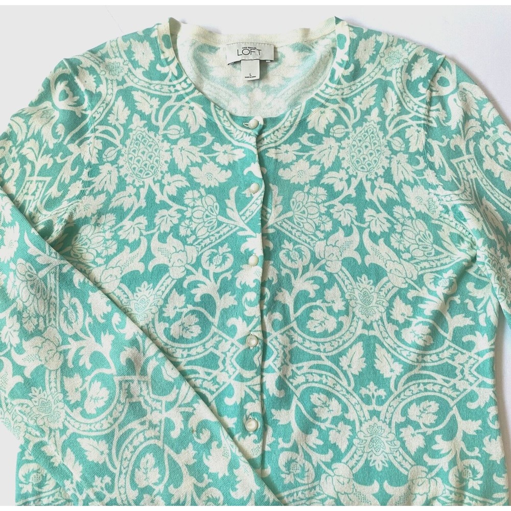 Ann Taylor Loft Cardigan Women L Multicolor Floral Pima Cotton Pearl Button Down